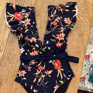 Cupshe Floral One Piece Swimsuit - Navy and Orange